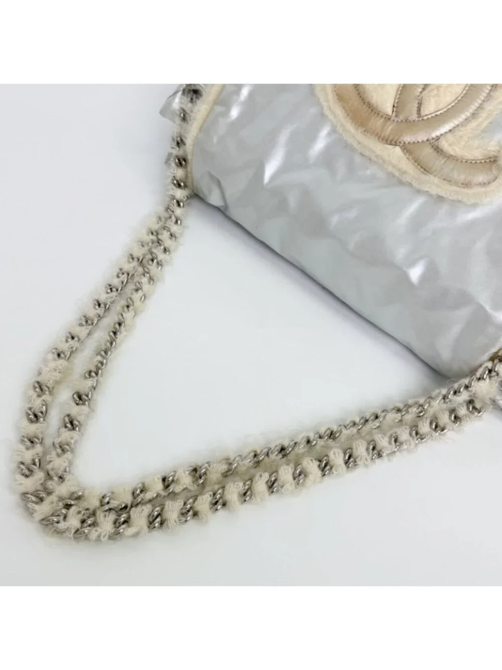 Chanel CC Logo Chain Tote Shoulder Bag Nylon Silver Ivory Seal Vintage
